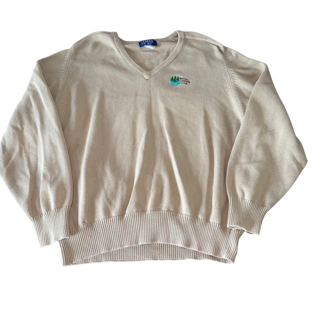 90s La Mode Mens XL V-Neck Sweater Tan Cotton Keene Country Club Embroidery Golf